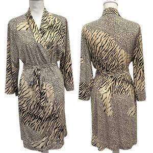 Natori Black Tan Animal Print Stretch Jersey Kimono Robe Tiger Leopard Lounge